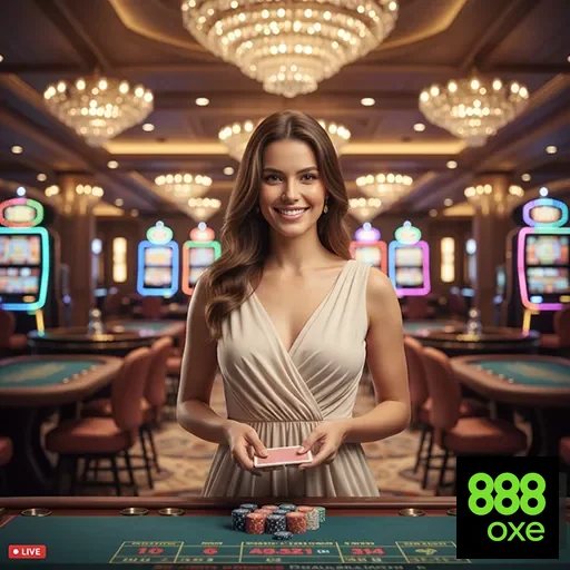 Profissional de cassino ao vivo no 888oxe com mesa de jogo.