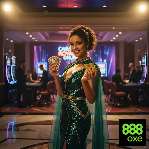 Jogadora do 888oxe com fichas em cassino elegante.