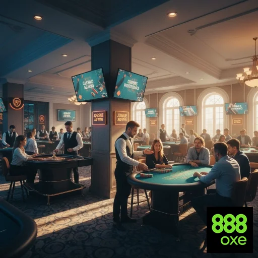 Ambiente do cassino 888oxe com mesas de jogos e jogadores.