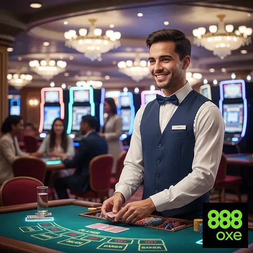 Croupier interagindo com jogadores no cassino 888oxe.