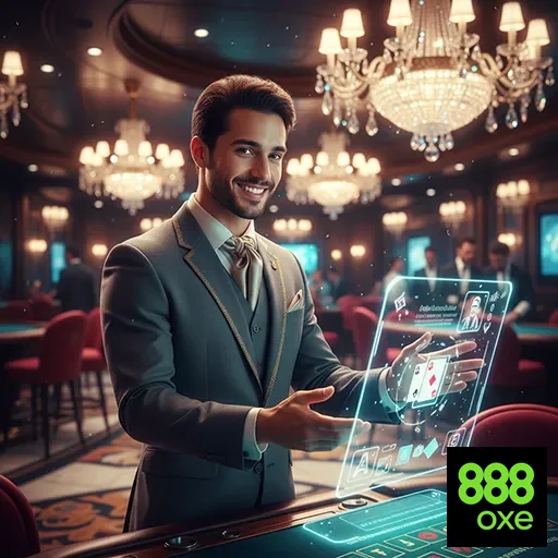 Jogador VIP na 888oxe interagindo com tecnologia de jogo ao vivo.
