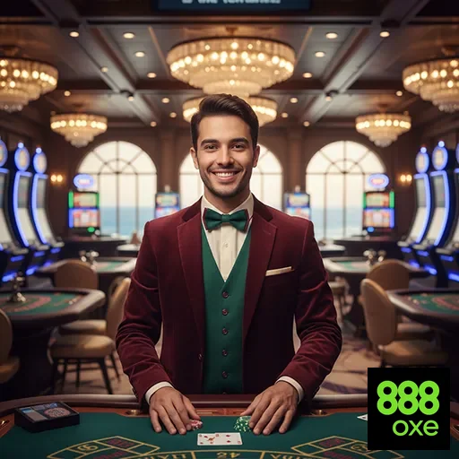 Dealer sorridente em cassino da 888oxe, com máquinas de slots ao fundo.