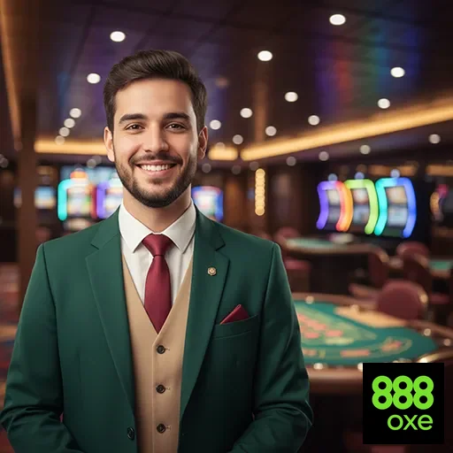Funcionário sorridente no cassino da 888oxe, mostrando hospitalidade.