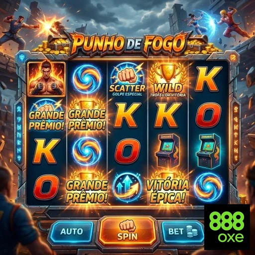 Slot Punho de Fogo no 888oxe com prêmios e slots destacados.