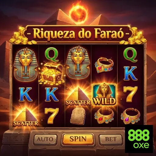 Slots de 'Riqueza do Faraó' no 888oxe com detalhes vibrantes.