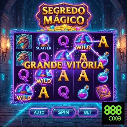 Placa do jogo 'Segredo Mágico' da 888oxe com símbolos e vitórias.