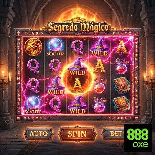 Tela do slot 'Segredo Mágico' na 888oxe, destacando símbolos.