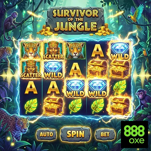 Tela do jogo Survivor of the Jungle no 888oxe, com recursos vibrantes.